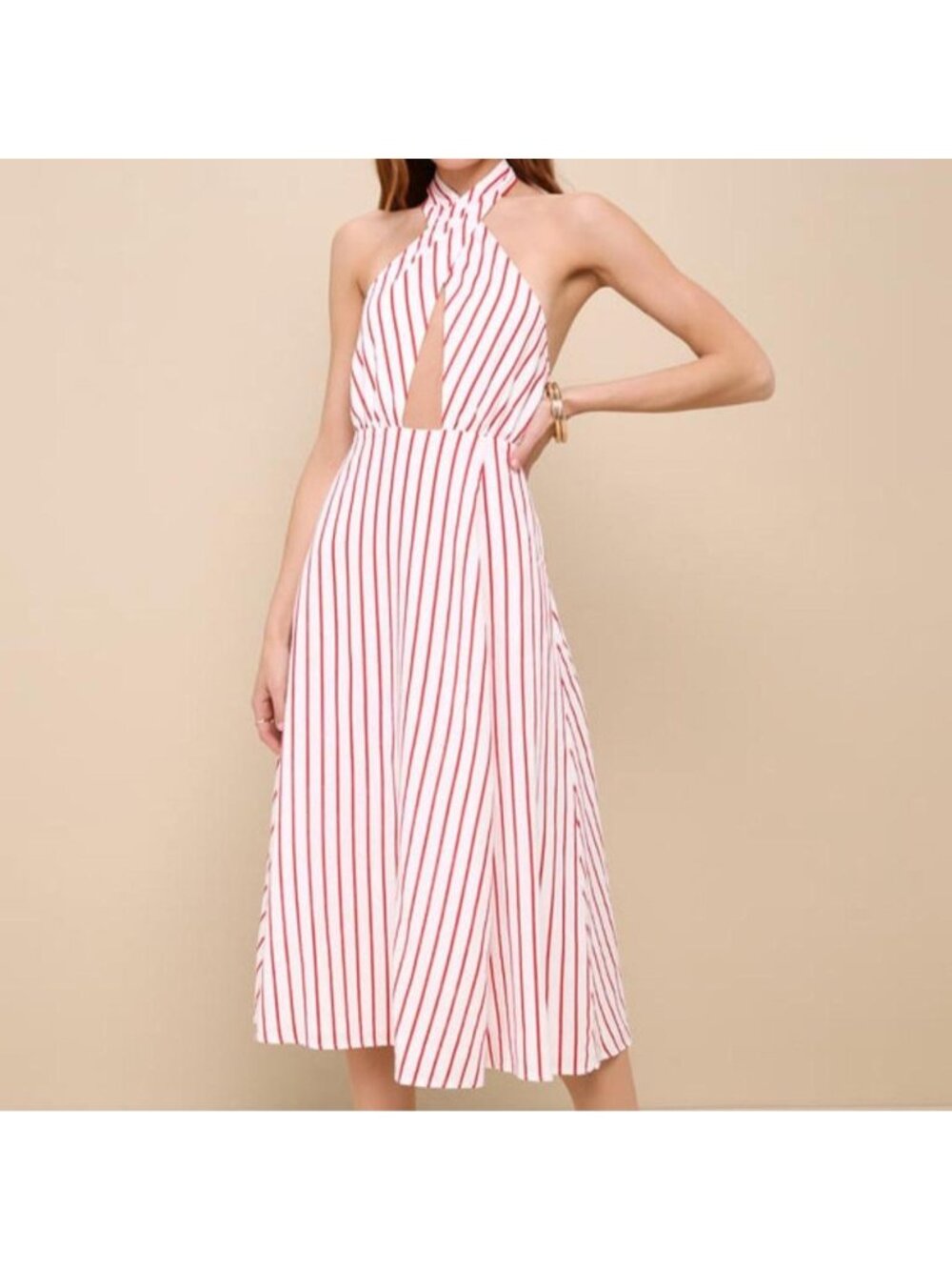 Lulus red & white striped halter midi dress Size M #backless #vacation #summer